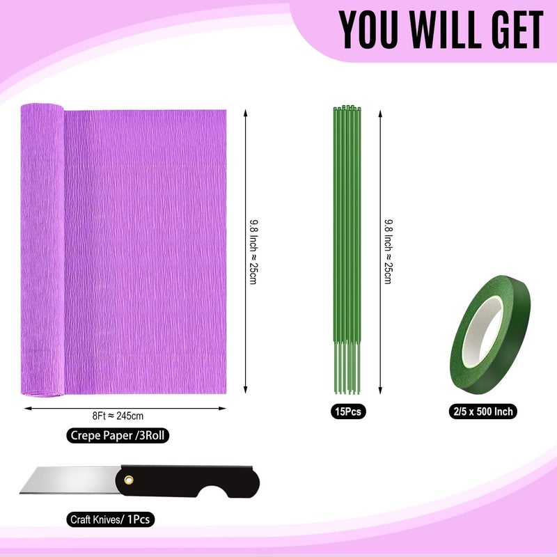 VNAKER Purple Crepe Paper Roll, 9.8Inch x 8.2Ft/3Rolls Crepe Paper Sheet for Flower Making, Valentine's Day, Wedding Ceremony, Birthday Holiday Halloween Party Decoration,DIY Craft(2Rolls) - Image 2